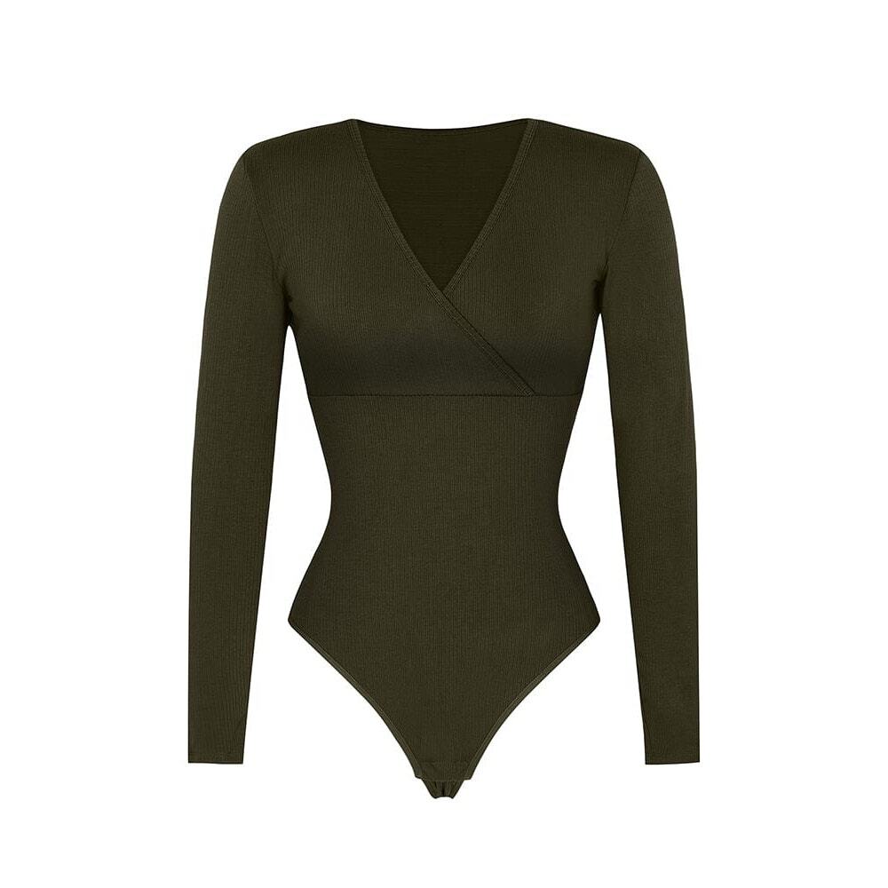 Shapellx Cozy Ribbed Chic V Neck Cut-Out Bodysuit Olive Green Size XXL New